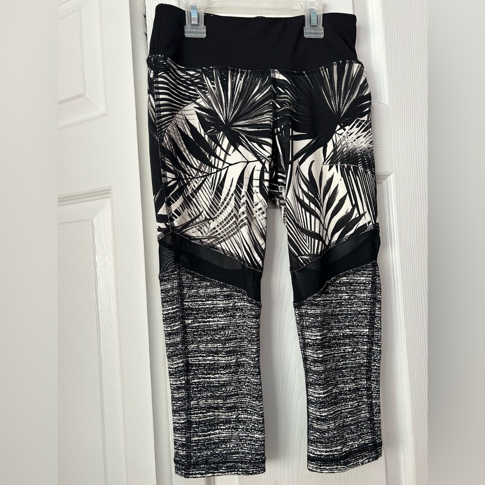 Material Girl Black and White Leggings with Bold Tropical Print